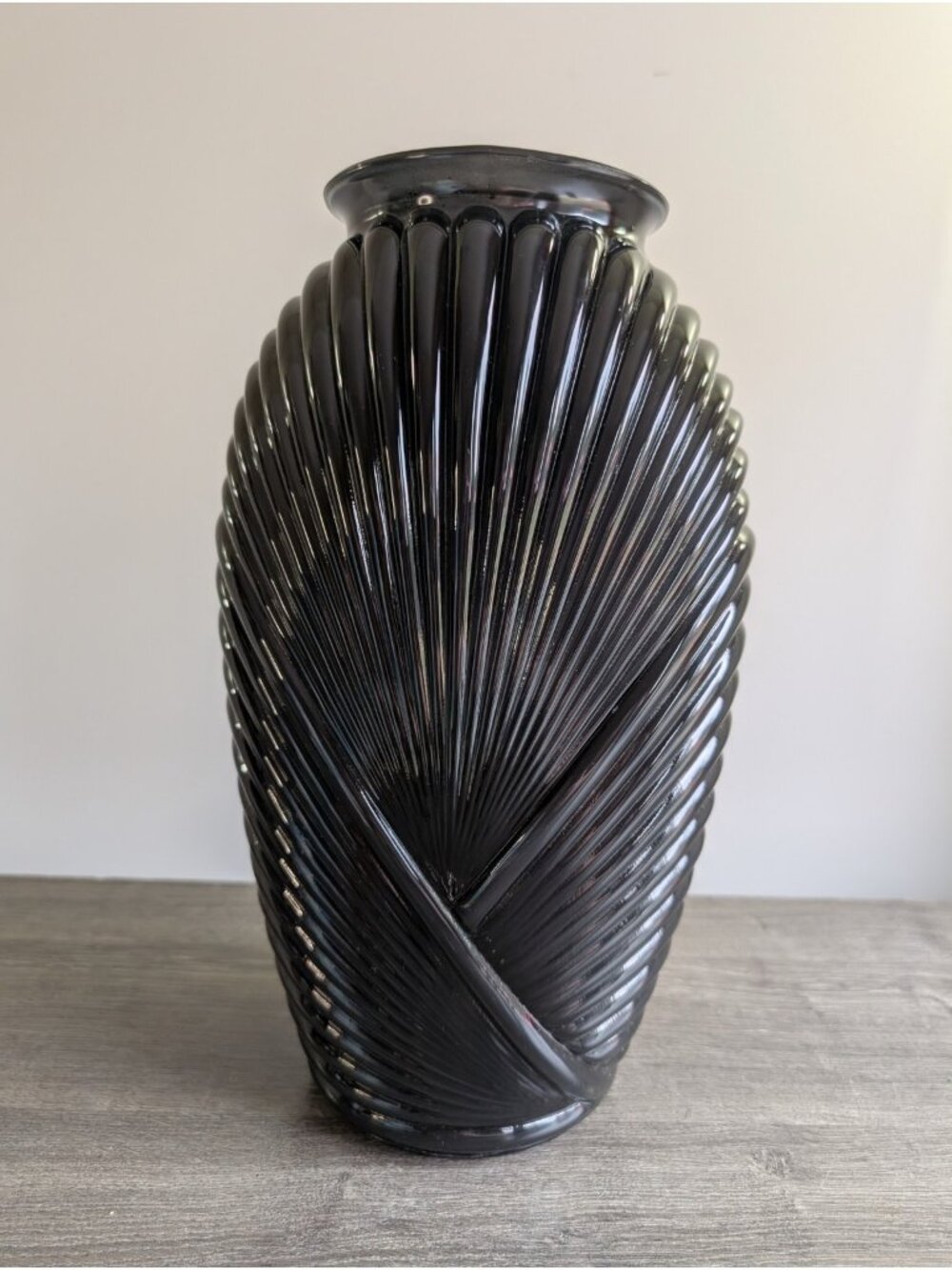 Art Deco Draped Ribbed Pleated  Black Glass Vase 13” Vintage Anchor Hocking